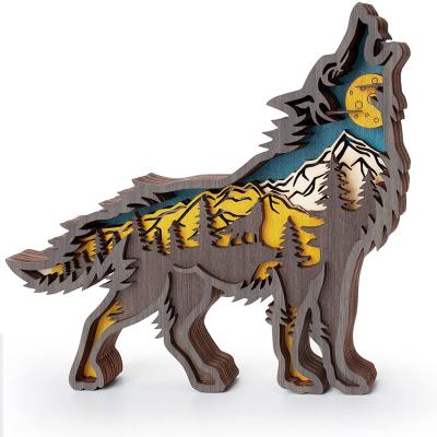 China Forest Animal Crafts Wolf Hollowed Creative Eco-Friendly Multi-Layer Wooden Figurine for sale