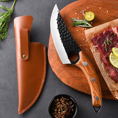 China Full Tang Durable Outdoor Handmade Double Edge Butcher Serbian Hunting Boning Chef Knife 5.5 Inch With Leather Sheath for sale