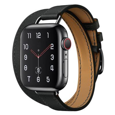 China Fashionable New Double Tour HY Strap Slim Genuine Leather Smart Watch Band Strap Watch Buckle For Apple Iwatch 7 Strap 41mm 45mm for sale