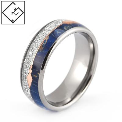 China CLASSIC Ready to Ship Blue Solid Wood and Artificial Tungsten Meteorite Inlay Ring Jewelry for sale