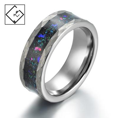 China CLASSIC ready to ship Opal Inlay Hammered Tungsten Wedding Ring Finger Rings for sale