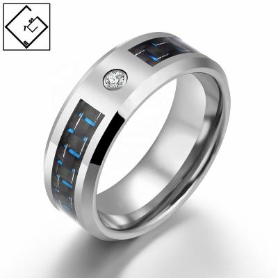 China CLASSIC Silver Color Tungsten Ring With Blue Carbon Fiber CZ Stone Inlay In Running Ring for sale