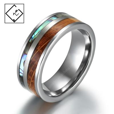 China CLASSIC Silver Whiskey Tungsten Color Wooden Inlay Ring With Abalone Shell And In Running Ring for sale