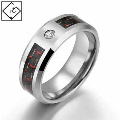 China CLASSIC Silver Red Carbon Fiber And CZ Inlay Stone Men's Ring for sale