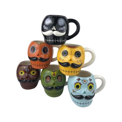 China Custom Bohemian American Style 3d Shaped Ceramic Coffee Halloween Skull Mug for sale