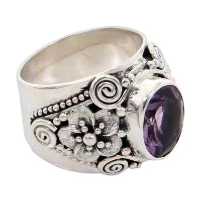 China New European and American flower silver ring tai ring personality amethyst retro CLASSIC direct wholesale for sale