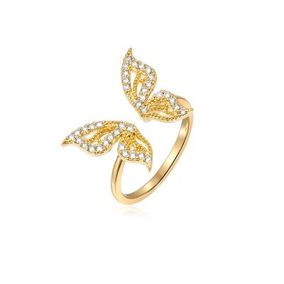 China Real Cute Luxury Gold Plated Zircon Butterfly Rings Bling Rhinestone Crystal Butterfly Open Ring For Women for sale