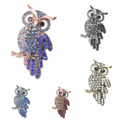 China Rose Gold Plated Blue Crystal Owl Brooch Wholesale Ancient Women Animal Pin Rhinestone Owl Brooch Pin for sale