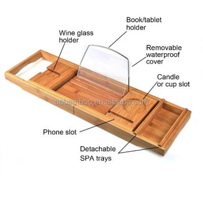 China Bathtub Caddy Tray With Acrylic Cover Book Sustainable Natural Bamboo Stand for sale