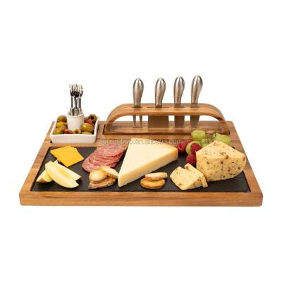 China Sustainable bamboo cheese board set, cheese tray with slate and tool holder for sale