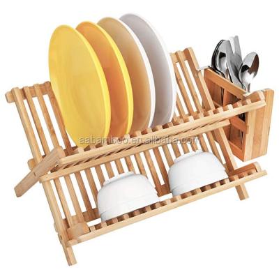 China Sustainable Easy Cleaning Foldable Bamboo Dish Drying Rack With Untensil Rack for sale