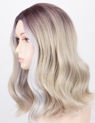 China Heat OK Fiber Synthetic None Lace Up Bob Synthetic Wig Wavy Blonde Heat Friendly Glueless Fiber Wig Dark Root Ombre Wig Aliblisswig Short None Lace Up Synthetic Hair Wigs for sale