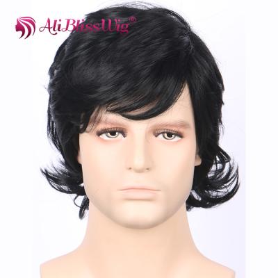 China Machine Made Black Curly Wigs Heat Resistant Short Hair Wig High Temperatured Fiber Up To 160 Centigrade Wholesale Cheap Heat Resistant Synthetic Fiber Hair For Men Price for sale