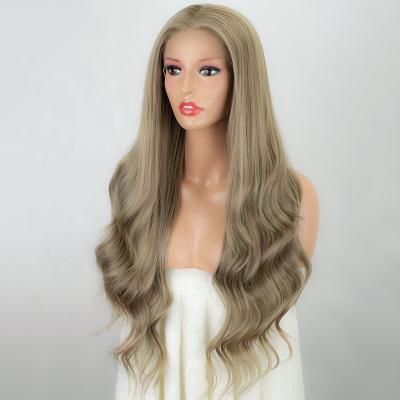 China Heat Resistant Fiber Hair Synthetic Lace Front Wigs For Color Women 180% Density Lace Wig Blonde Wavy Highlight Brown Hair Synthetic Lace Front Wig 180% Density Fiber Hair for sale