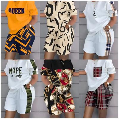 China Fashionable Used Shoes 2023 Casual Summer Women Short Outfits Letter Print Crop Top T Shirt And Shorts Matching Summer Women's Set Stock Apparel for sale