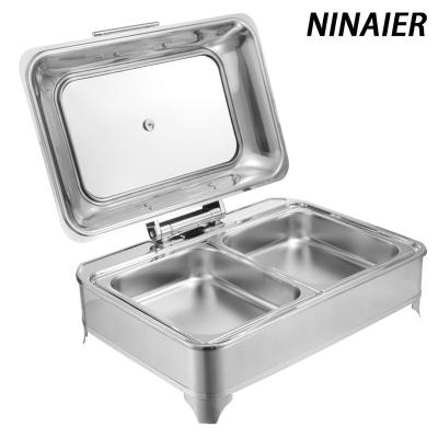 China Customized LOGO and Kitchen Equipment Rectangle Lid Food Warmer Chafing Dish Buffet Modern Luxury Hydraulic Electric Glass Scarab for sale