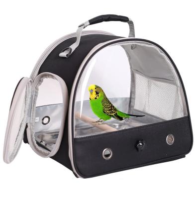 China Stocked Bird Carrier Parakeet Parrot Travel Carrier Clear Window with Stainless Steel Tray and Wooden Stand Perch for sale