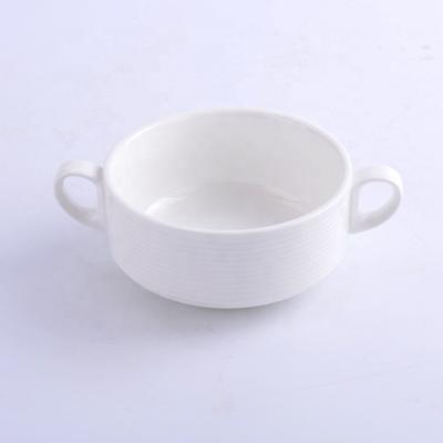 China Viable Wholesale Cheap Home Restaurant Porcelain Ceramic Soup Bowl With Two Handles for sale