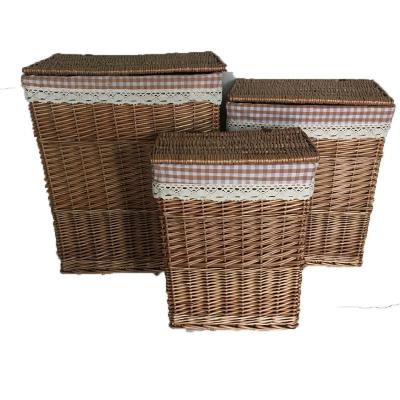 China Handmade Willow Laundry Basket With Lid Craft Storage Basket American Style With Scratching Set 3 for sale