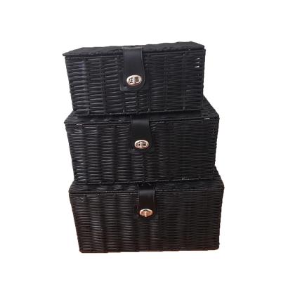 China Sustainable PE Plastic Resin Woven Baskets With Lid Lock Handle For Sundries Bins Rectangle Black for sale