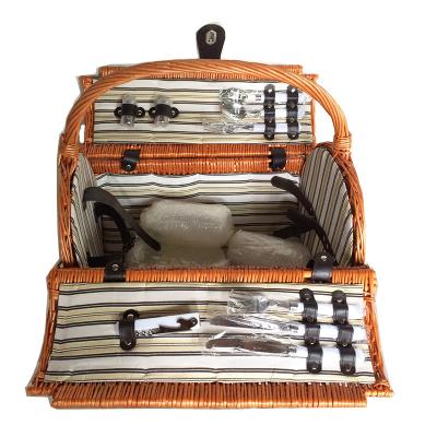 China Transitional Picnic Willow Storage Basket With Lids Woven Basket Striping Tableware For 4 Person Camping for sale