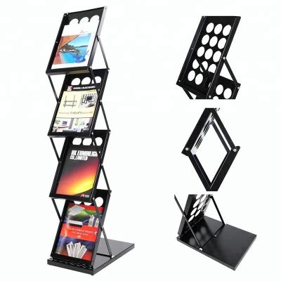 China Showing 4 Pocket Brochure Magazine Catalog Literature Display Rack Stand Floor Pop Folding Rack for sale