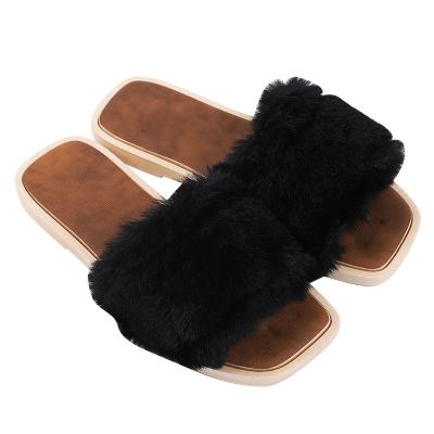 China New Flat Bottom Trend 2020 Fashion Cotton Ladies Slippers Autumn And Winter Indoor Fluffy Plush Sliders Khaki Slippers For Women for sale