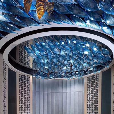 China Modern Customized Big Big Project Blue Ceiling Light Pendant Hall Lighting Luxury Glass Ribbon Banquet Chandelier Fish Lights for sale