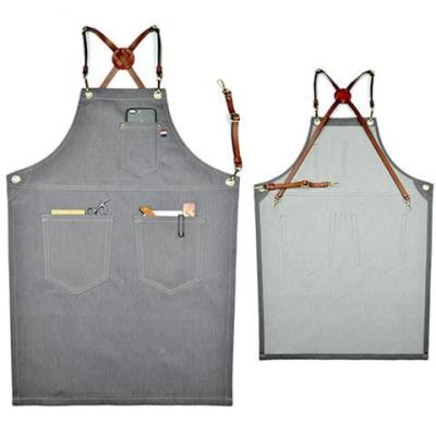 China Drink/Food Customized Logo Restaurant Bartender Barber Shop Fashion Cotton Canvas Work Apron With Adjustable Leather Strap for sale