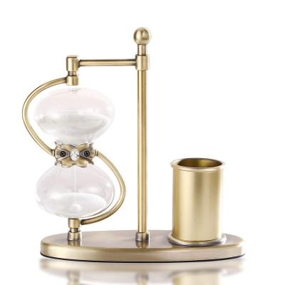 China Modern Vintage 60Min 30 Min Hourglass Sand Timer with Pen Holder 360 Rotating Sand Clock Sand Watch for Office Desk Decor for sale