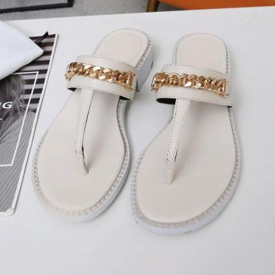 China Fashion Trend Summer Sandals Designer Luxury Women Genuine Leather Chain Ladies Metal Slides Flip Flop Slipper Casual Shoes for sale