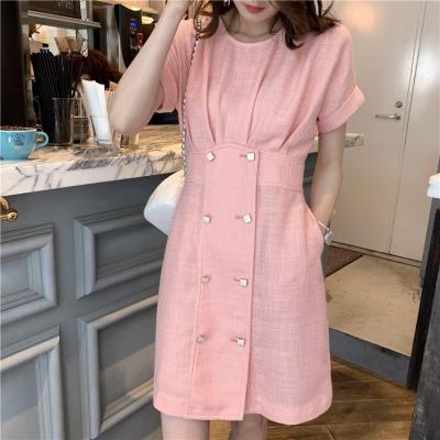 China ASM ANNA Design Breathable High End Elegant Double Button Female Clothes Short Sleeve Dress for sale