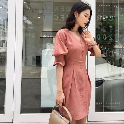 China ASM ANNA summer news viable vintage v neck bubble sleeve ladies sexy dress with five point sleeves for sale