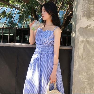 China ASM viable ANNA new 2019 summer shirt collar sleeveless thin elastic dress high waist for sale