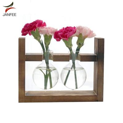 China Eco-Friendly Desktop Plant Vase Bulb Glass Planter With Retro Solid Wood Stand for sale