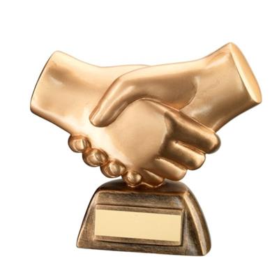 China Custom Europe/Bronze Nameplate Gold Trophy Handshake Resin Company Figurine for sale