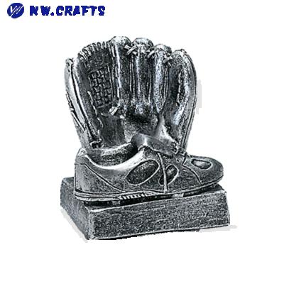 China Europe Polyresin Antique Silver Baseball Glove And Spike Shoe Statue Trophy For Souvenir for sale