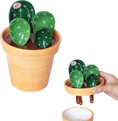 China Viable Creative Cactus Ceramic Kitchen Measuring Cups Coffee Tea Ice Cream Serving Food Scale Baking Measuring Spoon Cups and Spoons Set for sale