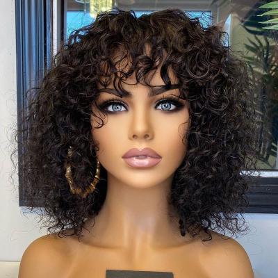 China 8 Inch Water Wave Water Wave Bangs Wig For Black Women,Wholesale Short Curly Wigs With Bang,Brazilian Raw Human Hair Lace Front Bob Wigs for sale