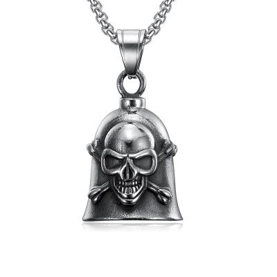 China Vintage Rock Bun Motorcycle Biker Jewelry Crossbones Big Skull Metal Punk Heavy Biker Religious Men's Motorcycle Bell Pendant Necklace for sale