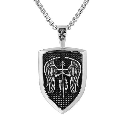 China OEM ODM 316l Stainless Steel Men's Punk Jewelry St Michael The Archangel Sword Angle Necklaces With Chain for sale