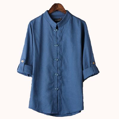 China 2021 Men Seven Point Sleeves New Custom Style Canvas Shirt Stand Collar Flat Button Anti-Shrink for sale