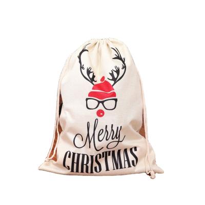 China New Large Printed Canvas Christmas Apple Bag Candy Bag Christmas Gift Bag Mouth Beam Backpack Wholesale Canvas Decoration for sale