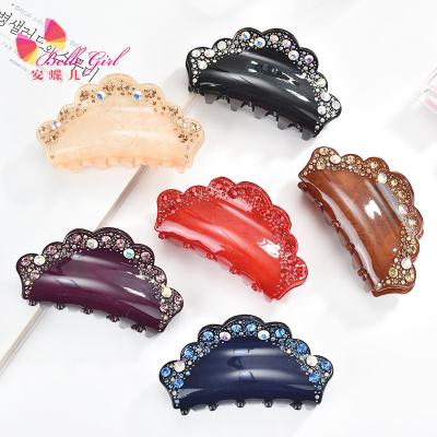 China Fashion BELLEWORLD Japan high quality acetic acid cellulose hair claw champagne rhinestone flower acetate hair claw bridle women for sale