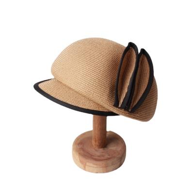 China Customizable Stain Summer Striped Beach Outside Bowknot Straw Hat Womens Felt Paper Hat 2021 Fashion Women Straw Hat Brown for sale