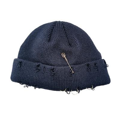 China breathable & Waterproof Worn Out Beanie Hat With Rings, Winter Knitted Beanies With Custom Embroidery for sale