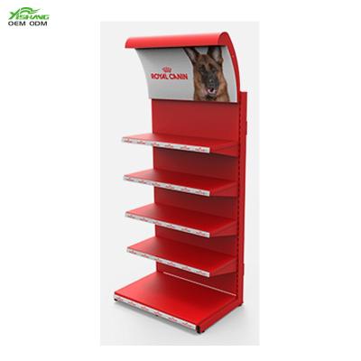 China Rust Protection Fashion Custom Metal Supermarket Display Rack Red Pet Food Display Rack for sale