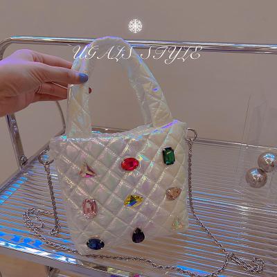 China Winter Fashion Ladies Shopper Winter Quilted Shoulder Tote Bags Glitter Bling Precious Soft Padded Stone Encrusted Satchel for sale