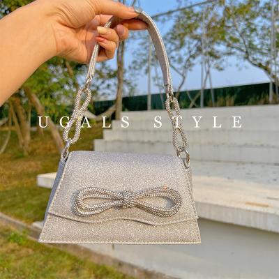 China Fashion Ladies Sparkle Bling Evening Shoulder Clutch Bag Butterfly Shaped Handbag Rhinestone Bridal Clips Bow Chain Silk Messenger Bag for sale