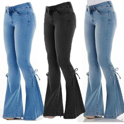 China Sugar Wholesale breathable 3 colors fashion women flared waistband bow hot selling long jeans for sale